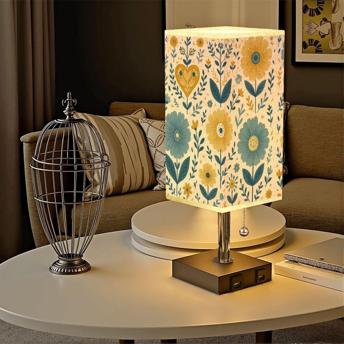 Floral Table Lamp with USB Port, Gold Trim and Linen Shade