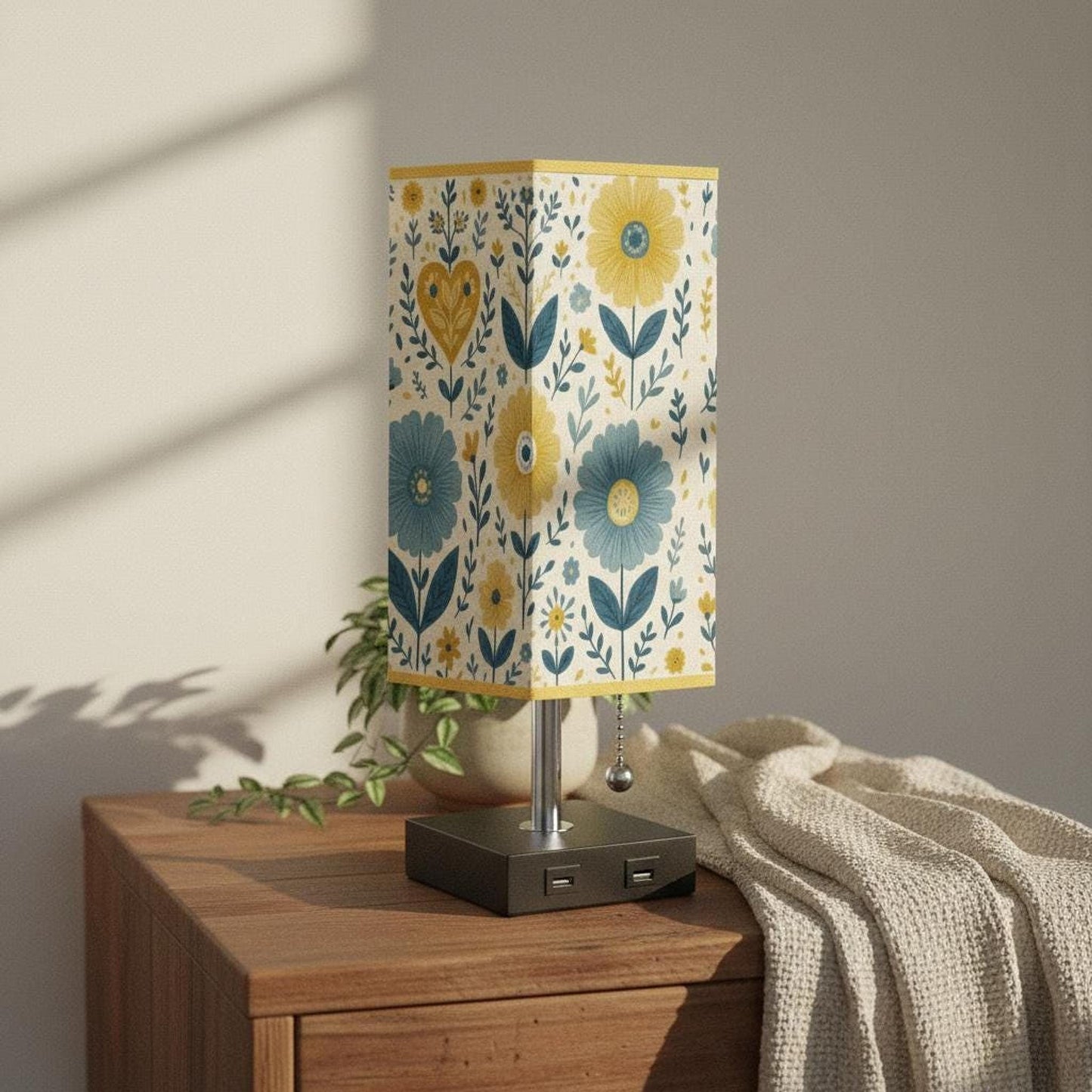 Floral Table Lamp with USB Port, Gold Trim and Linen Shade