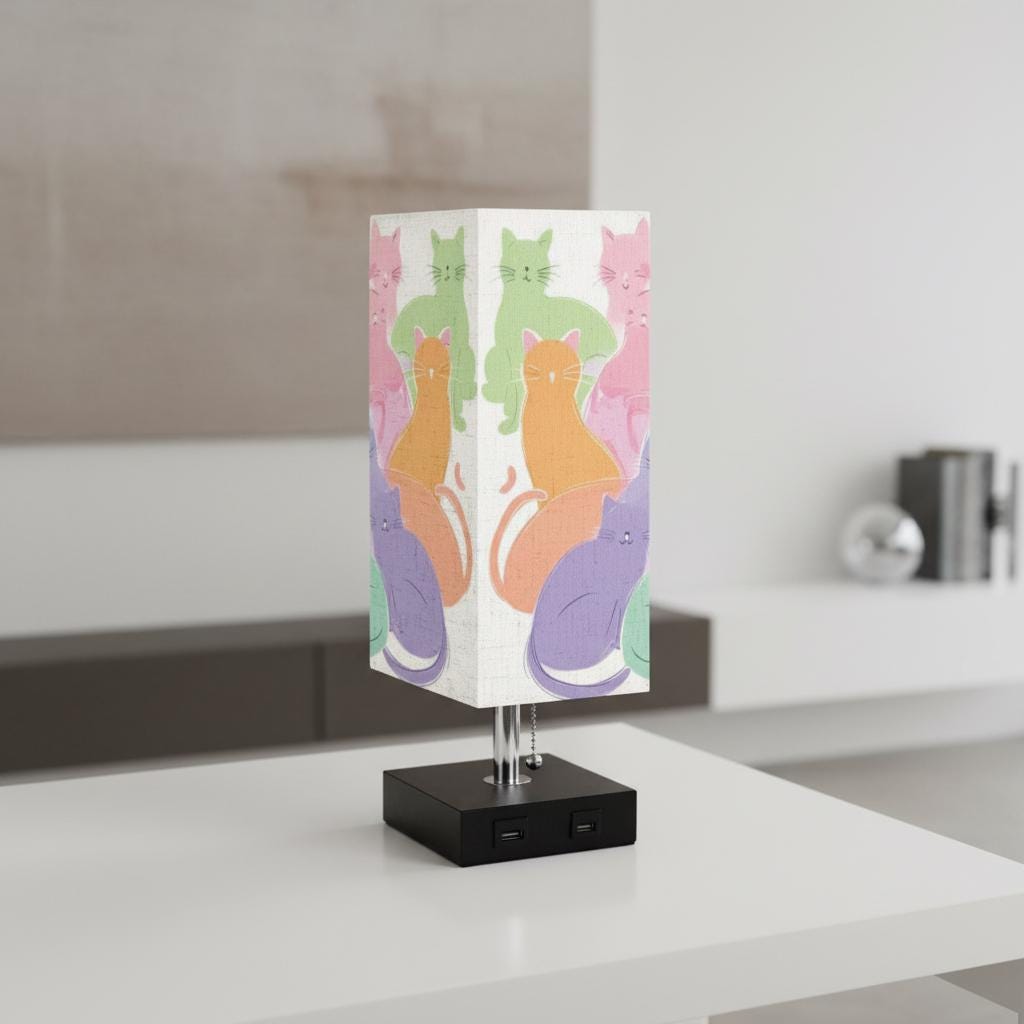 Pastel Cat Lamp with USB Port, Linen Shade and Metal Base for Cozy Lighting