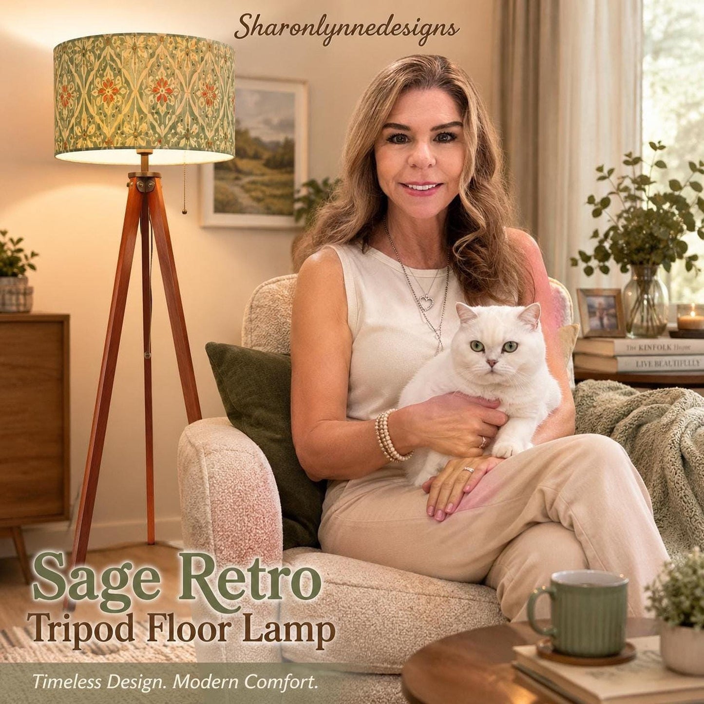 Retro Floor Lamp, Sage Green Linen-Textured Shade with Wooden Tripod Base