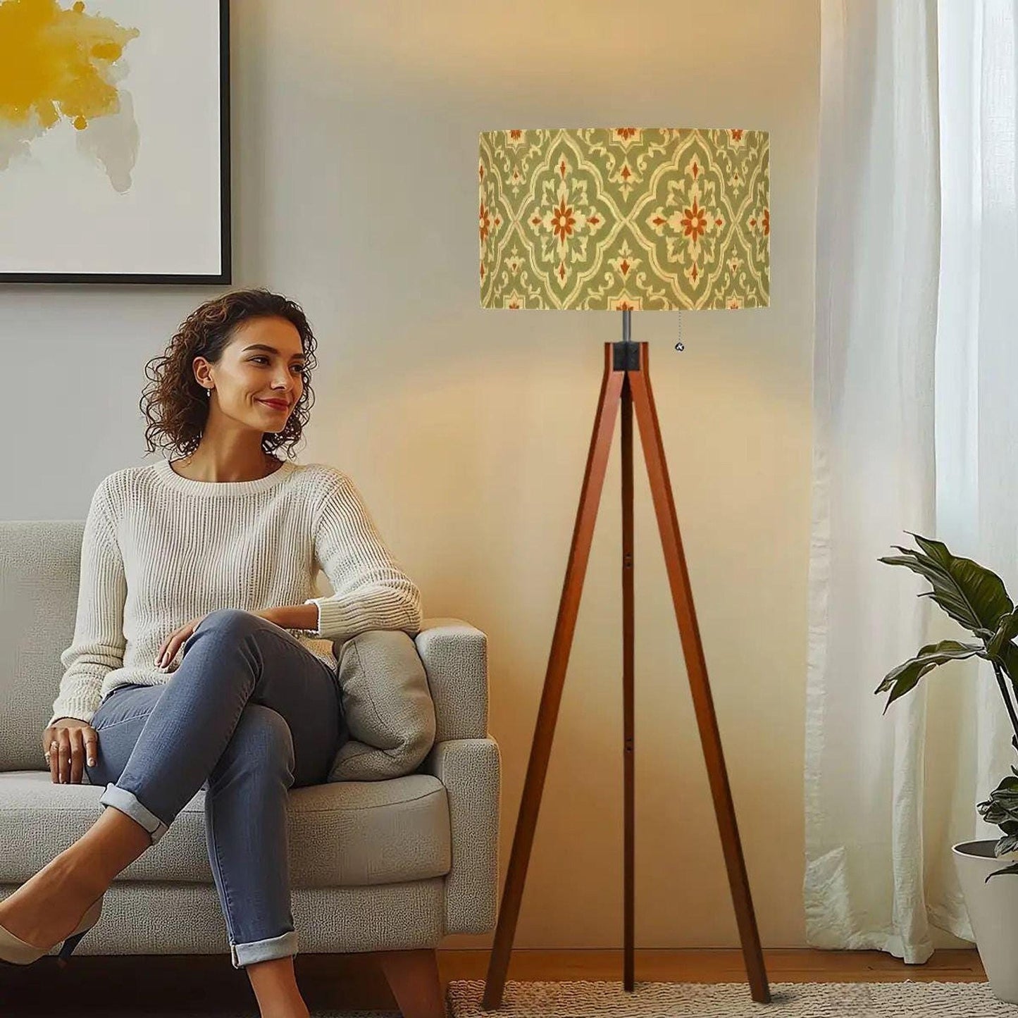 Retro Floor Lamp, Sage Green Linen-Textured Shade with Wooden Tripod Base