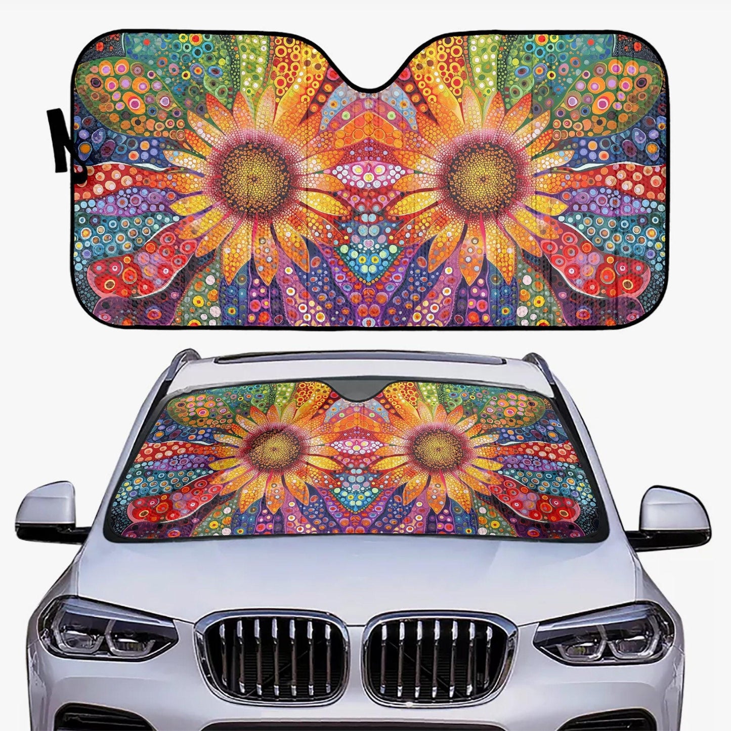 Sunblock Pattern Windshield Sun Shade, Retro Floral PVC + PE Bubble, 57 x 27.6-Inch