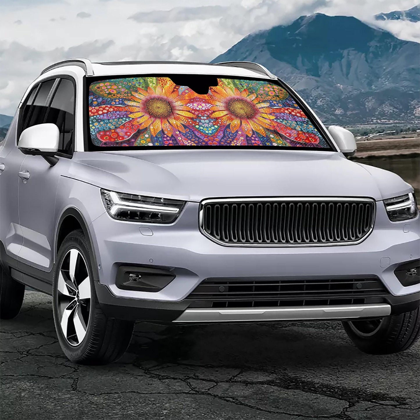 Sunblock Pattern Windshield Sun Shade, Retro Floral PVC + PE Bubble, 57 x 27.6-Inch