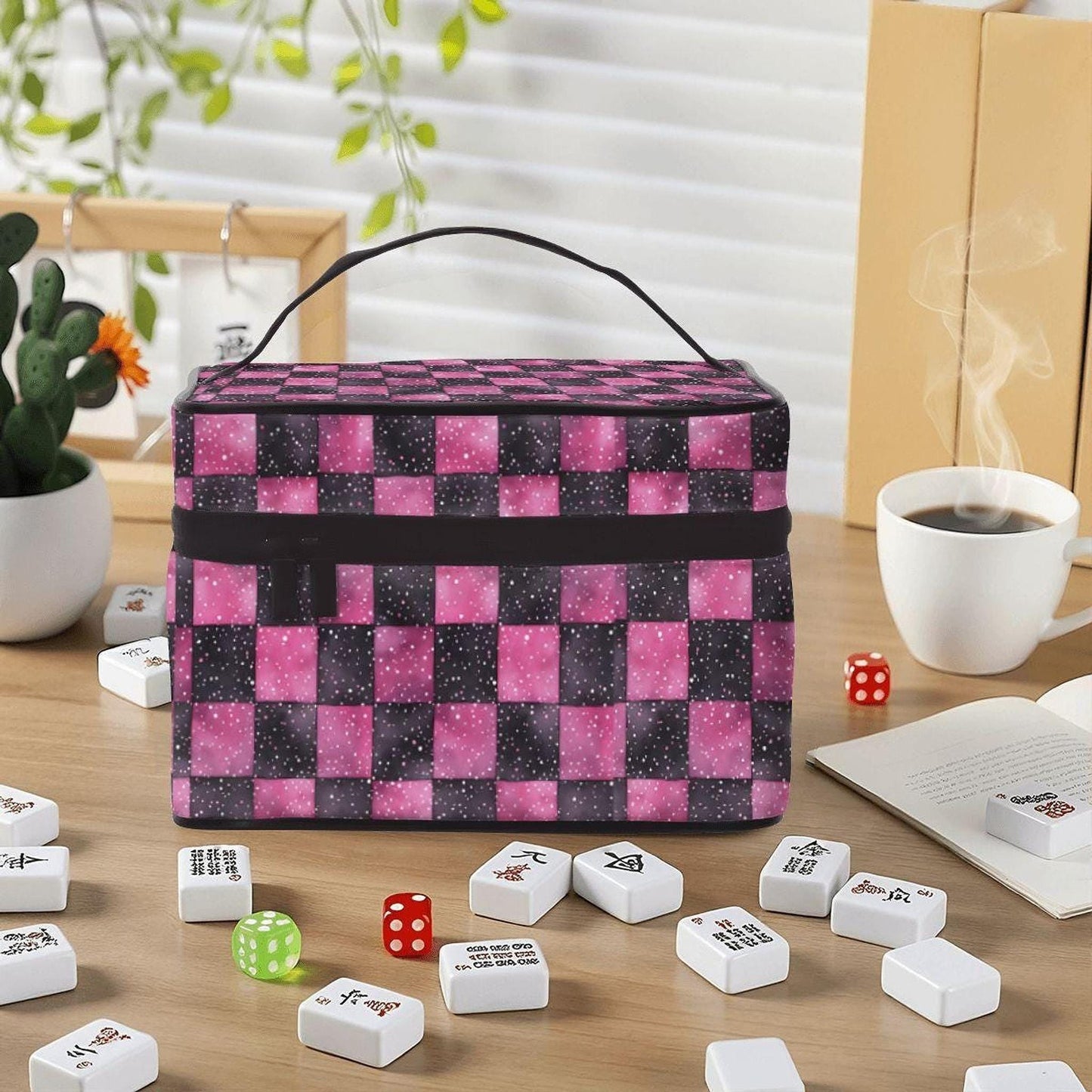 Mahjong Set Bag, Pink Black Checkered Polyester Travel Organizer with Single-Sided Sublimation Print
