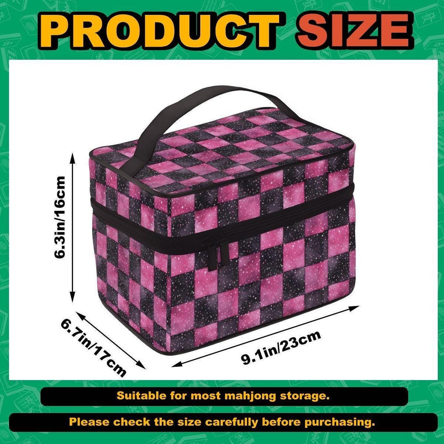Mahjong Set Bag, Pink Black Checkered Polyester Travel Organizer with Single-Sided Sublimation Print