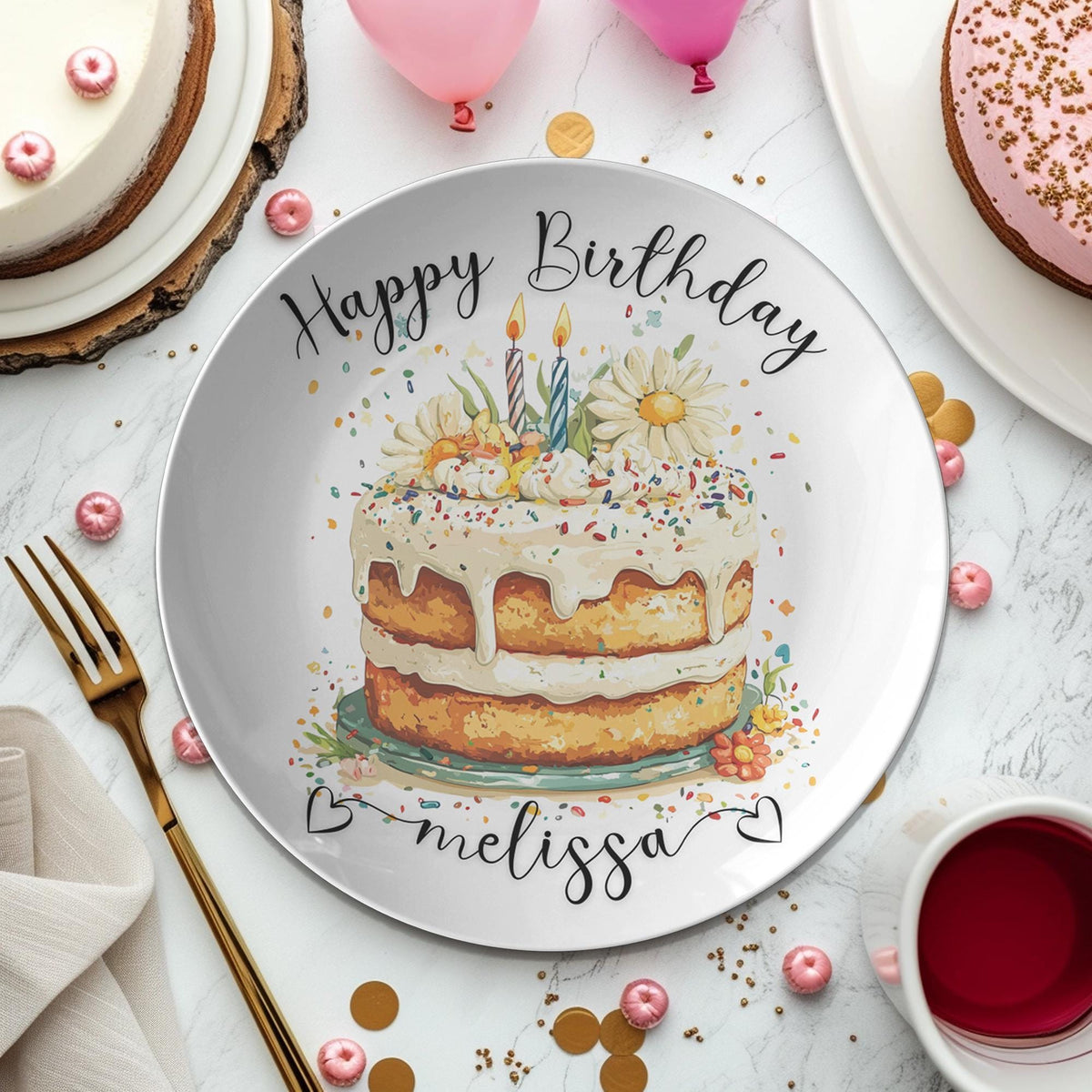 Personalized Floral Birthday Cake Plate: Durable Thermosaf Tableware for Memorable Celebrations