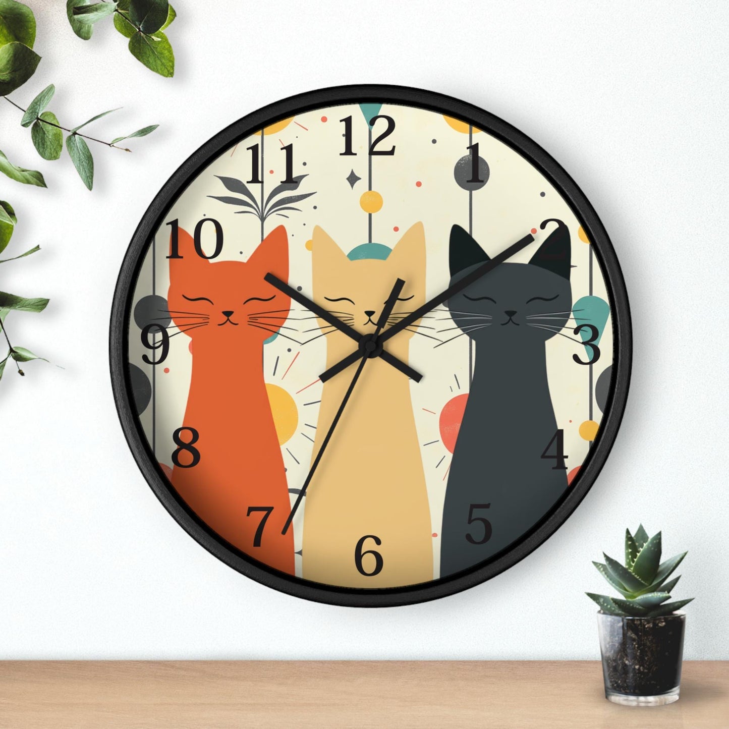 Retro Cat Silent Wall Clock, Whimsical Feline Design, Plexiglass Face, 10 Inches