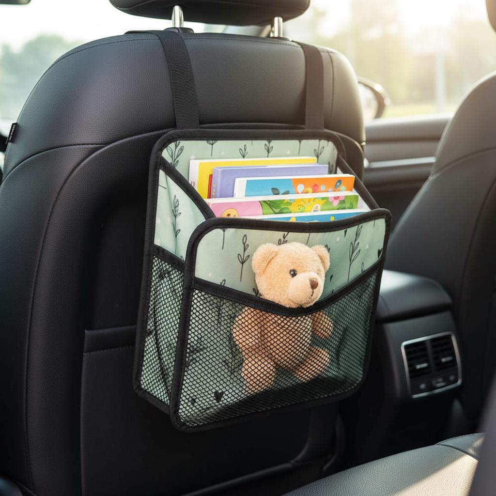Green Floral Car Seat Organizer, Durable PU Storage Bag for Kids and Travel