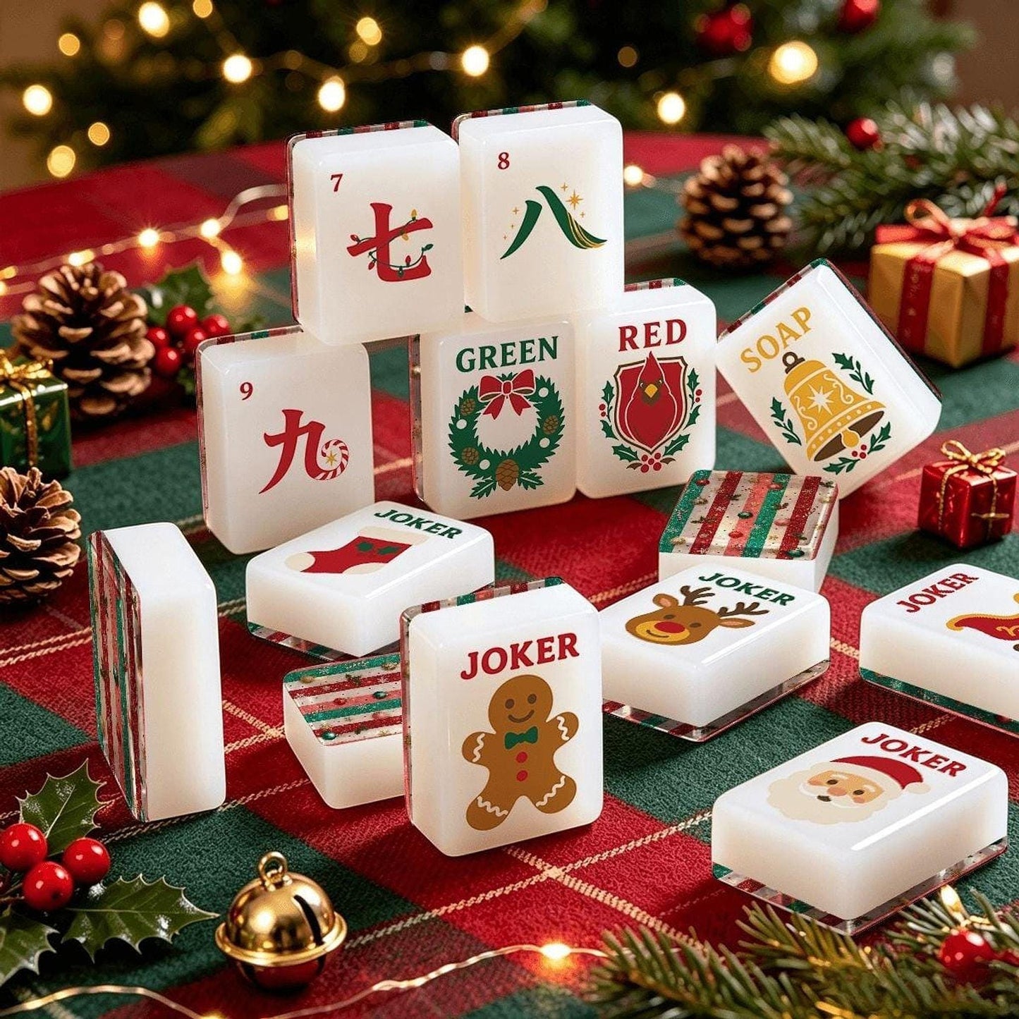 Classic Christmas Mahjong Tile Set, 160-Piece Acrylic Game with Santa & Reindeer Jokers