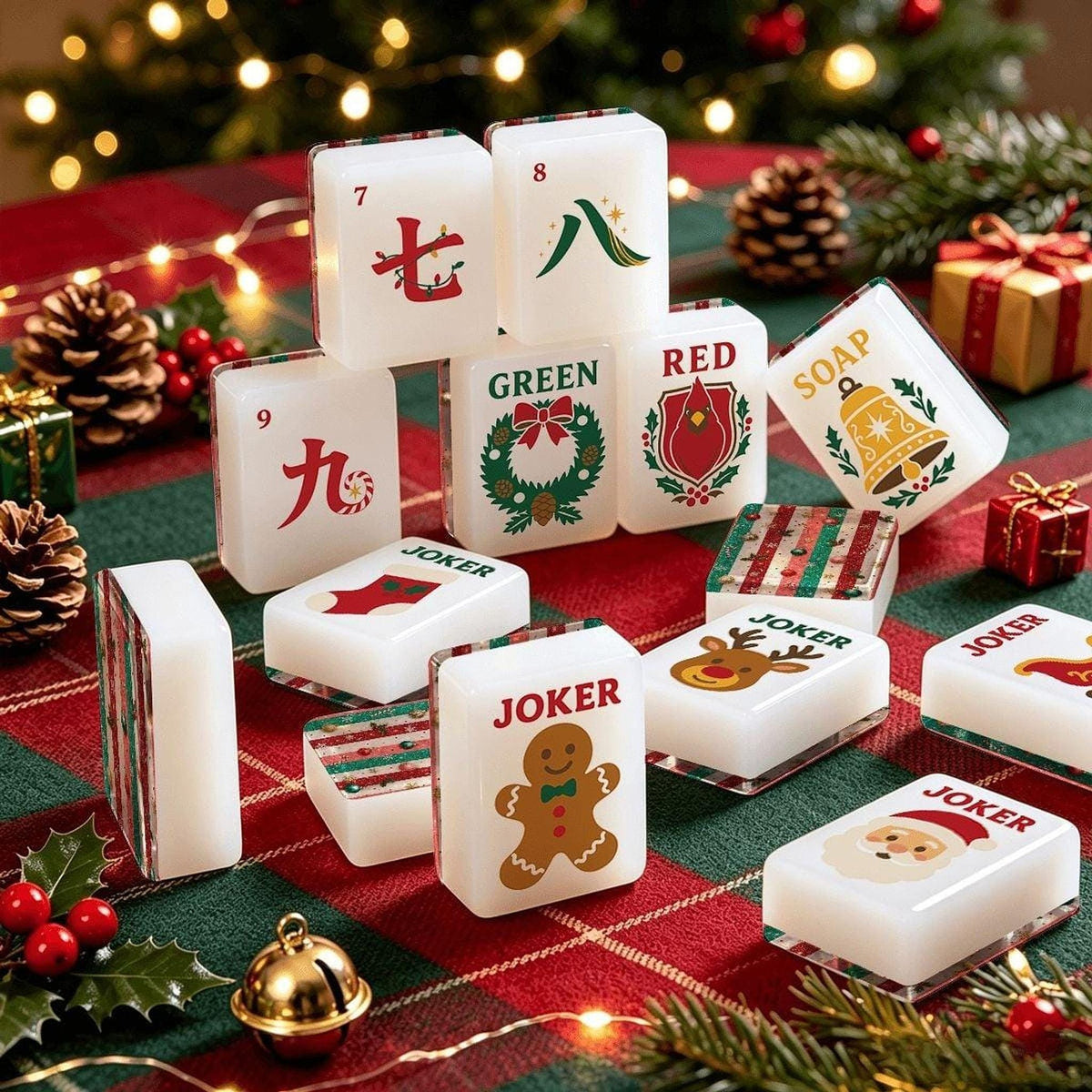 Classic Christmas Mahjong Tile Set, 160-Piece Acrylic Game with Santa & Reindeer Jokers
