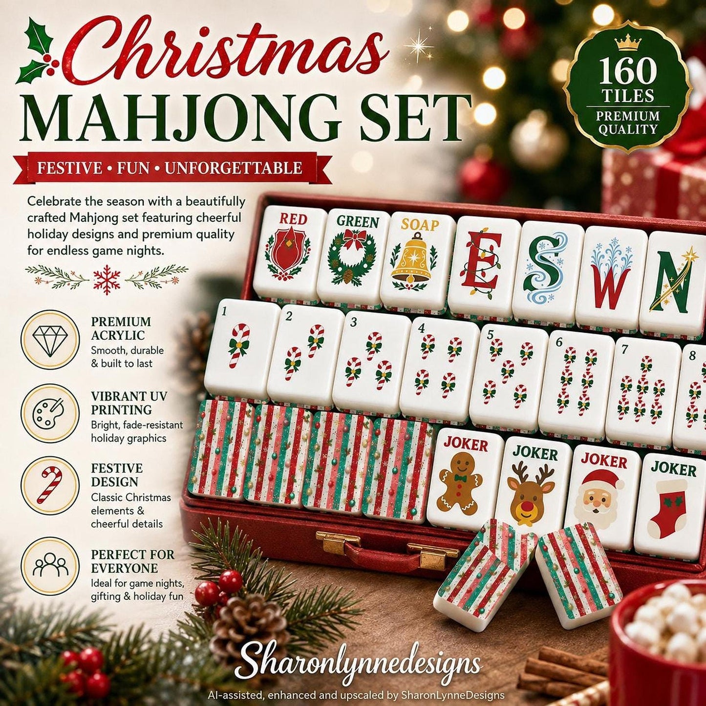 Classic Christmas Mahjong Tile Set, 160-Piece Acrylic Game with Santa & Reindeer Jokers
