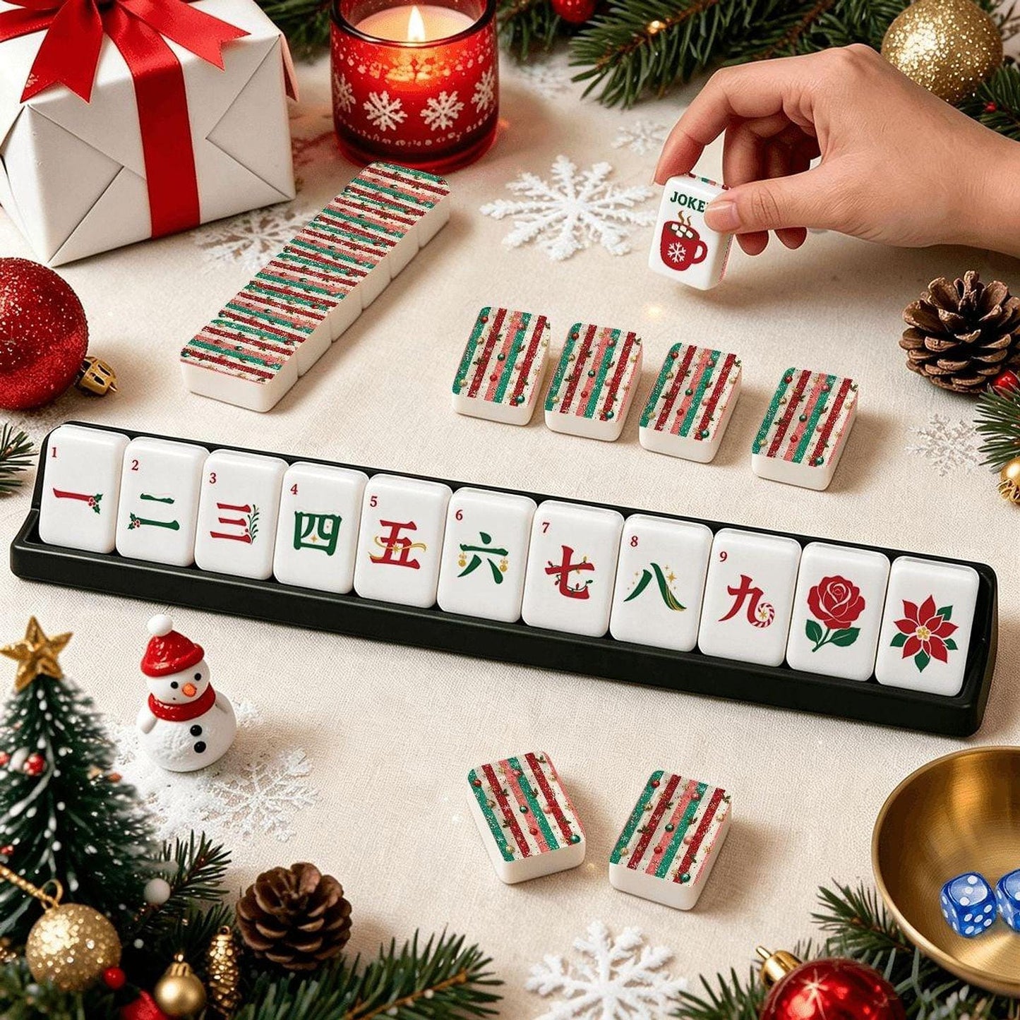 Classic Christmas Mahjong Tile Set, 160-Piece Acrylic Game with Santa & Reindeer Jokers