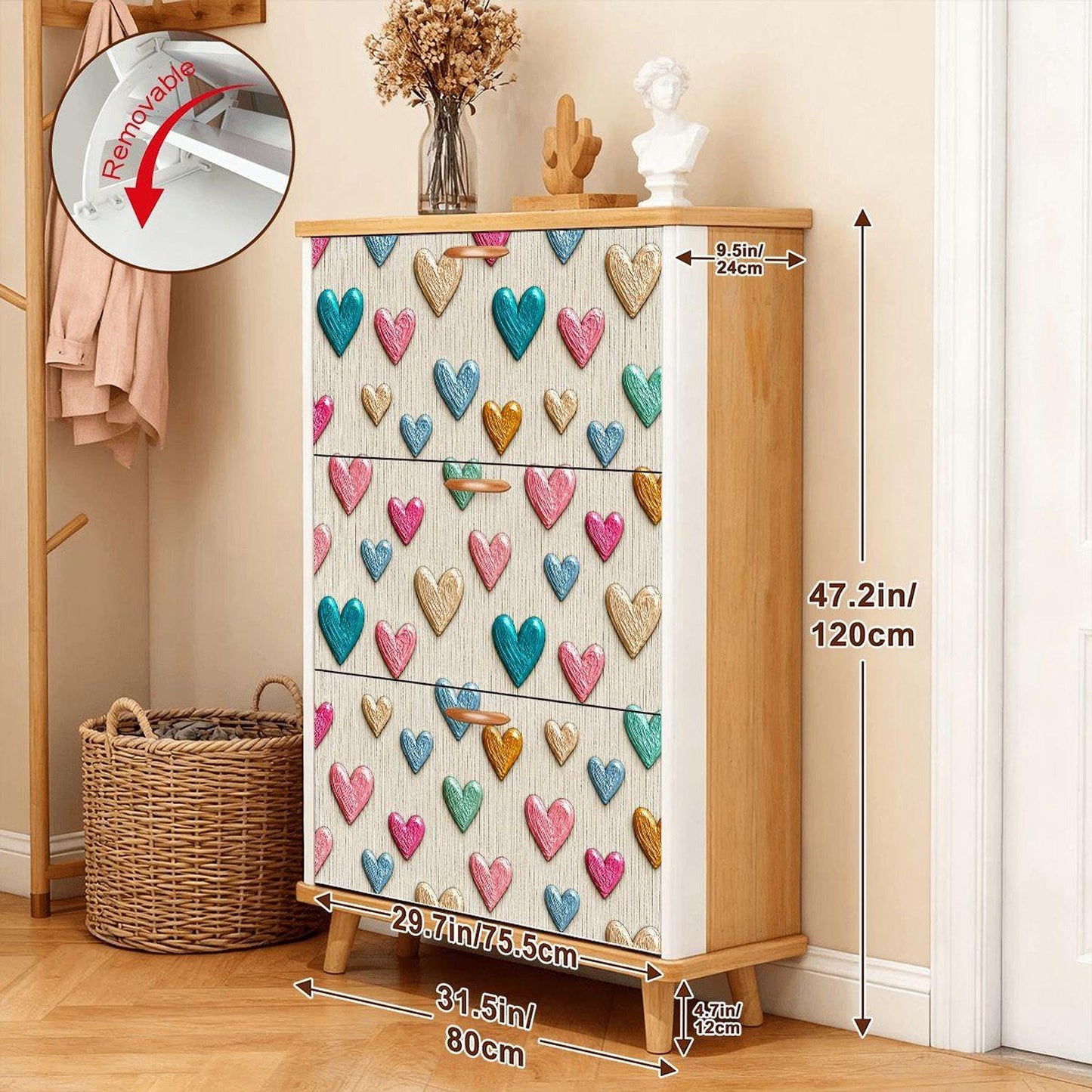 Heart Shoe Cabinet, Colorful Entryway Organizer with Three Flip-Down Drawers