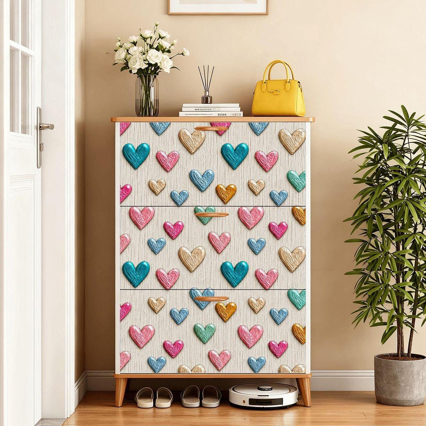 Heart Shoe Cabinet, Colorful Entryway Organizer with Three Flip-Down Drawers