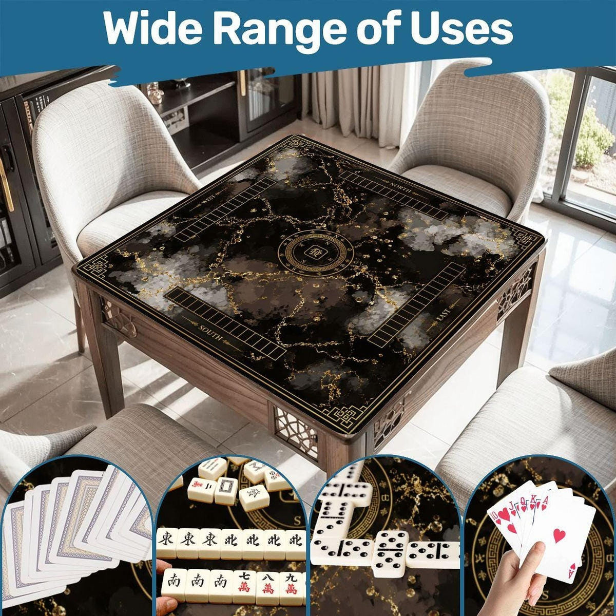 Black Gold Mahjong Mat 31.5"x31.5" Non-Slip Game Table Cover