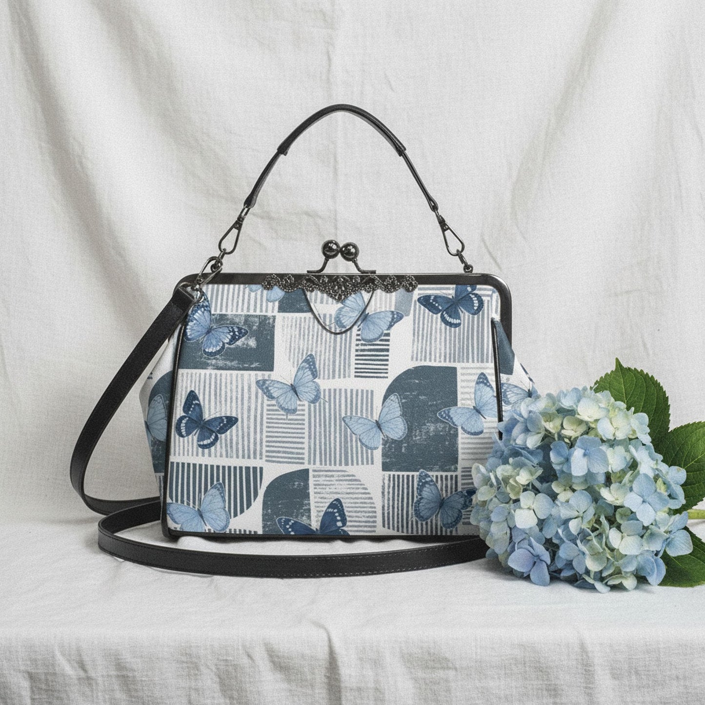 Blue Butterfly Kiss Lock Bag – Vintage Crossbody Shoulder Bag