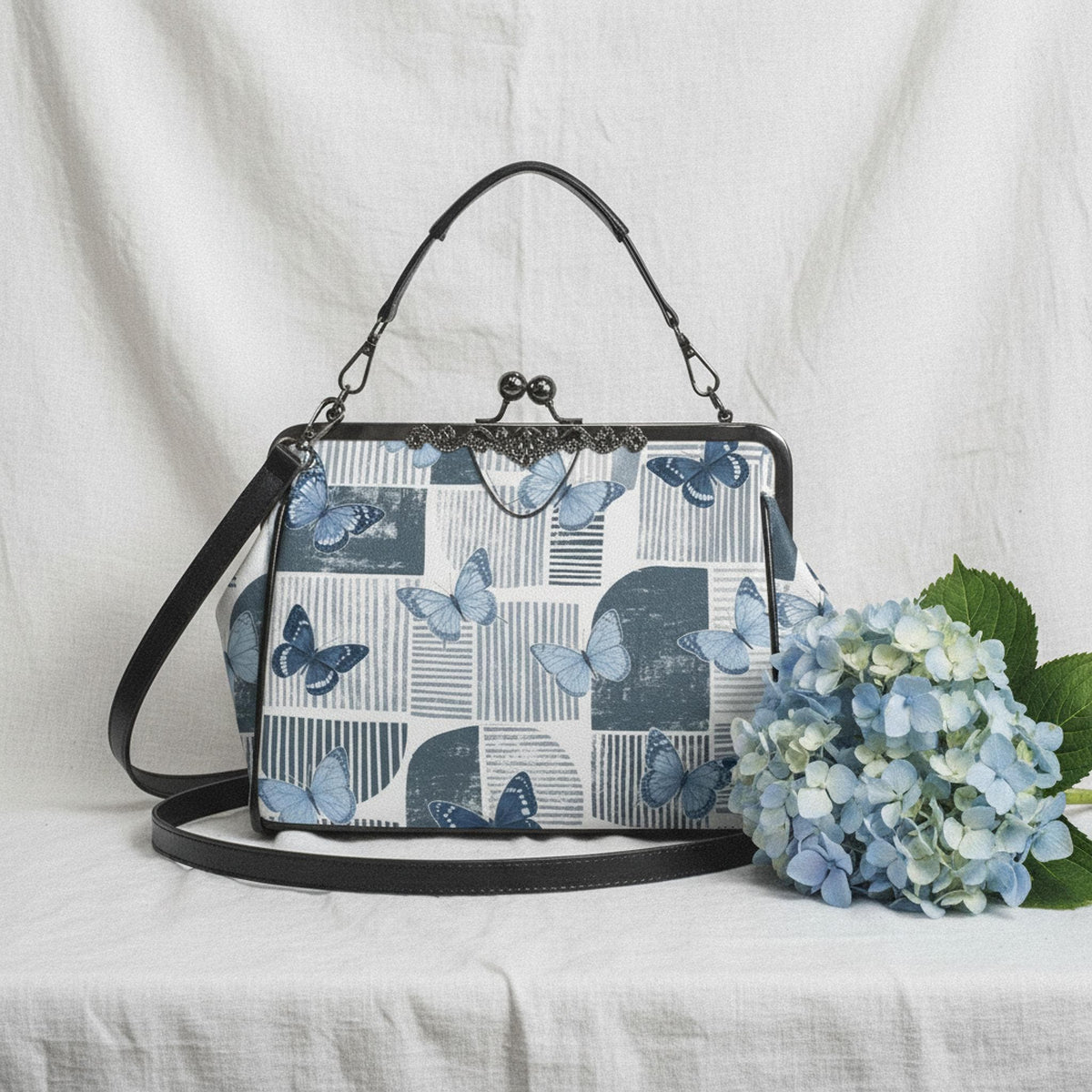 Blue Butterfly Kiss Lock Bag – Vintage Crossbody Shoulder Bag