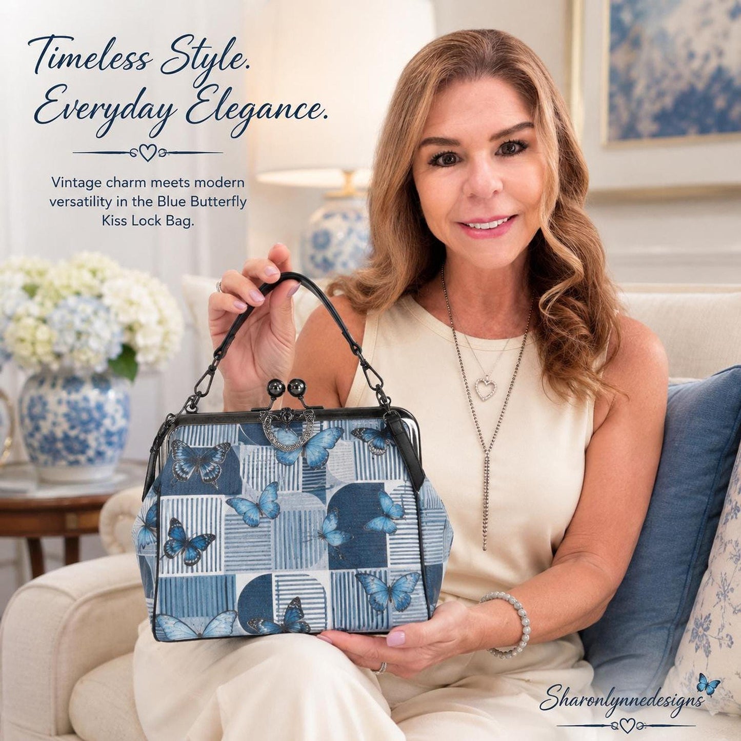 Blue Butterfly Kiss Lock Bag – Vintage Crossbody Shoulder Bag