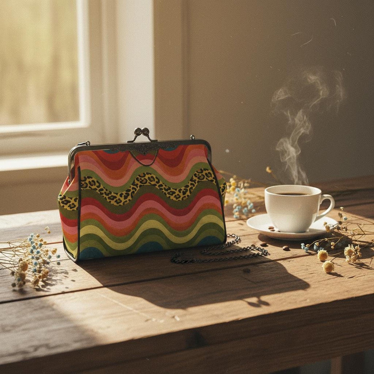 Retro Kiss Lock Bag, Colorful Striped Crossbody with Leopard Print