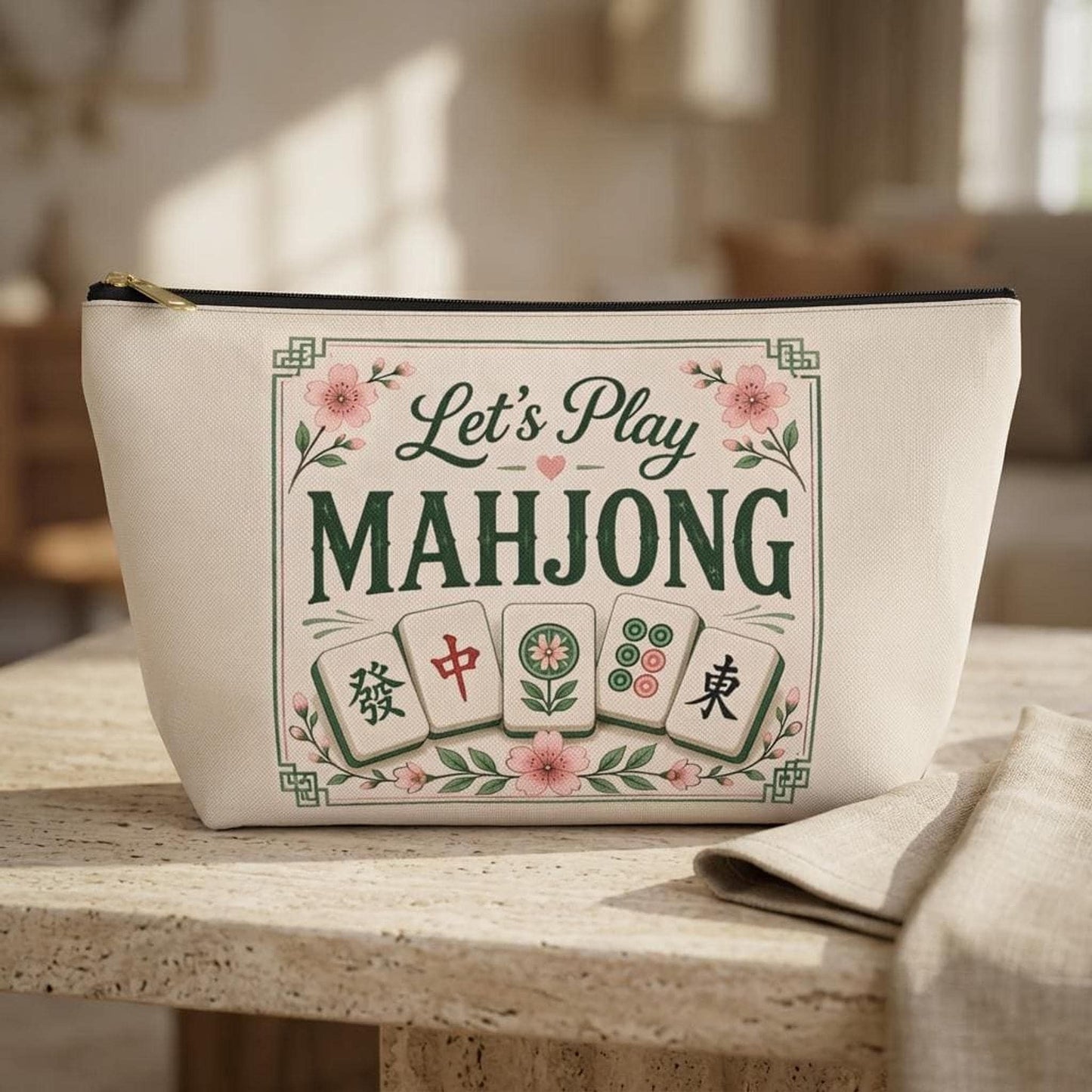 Let's Play Mahjong Accessory Pouch, Vintage Tile Design with T-Bottom and Durable Zipper