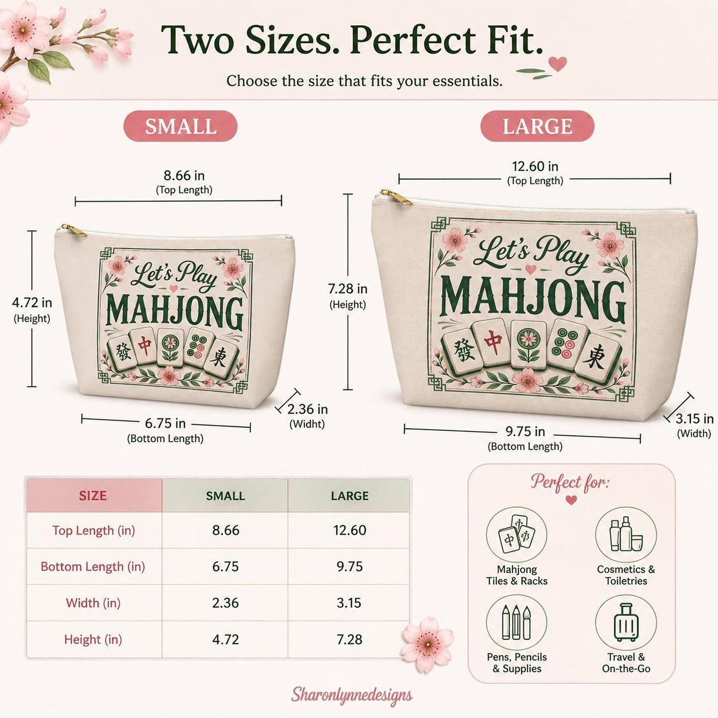 Let's Play Mahjong Accessory Pouch, Vintage Tile Design with T-Bottom and Durable Zipper