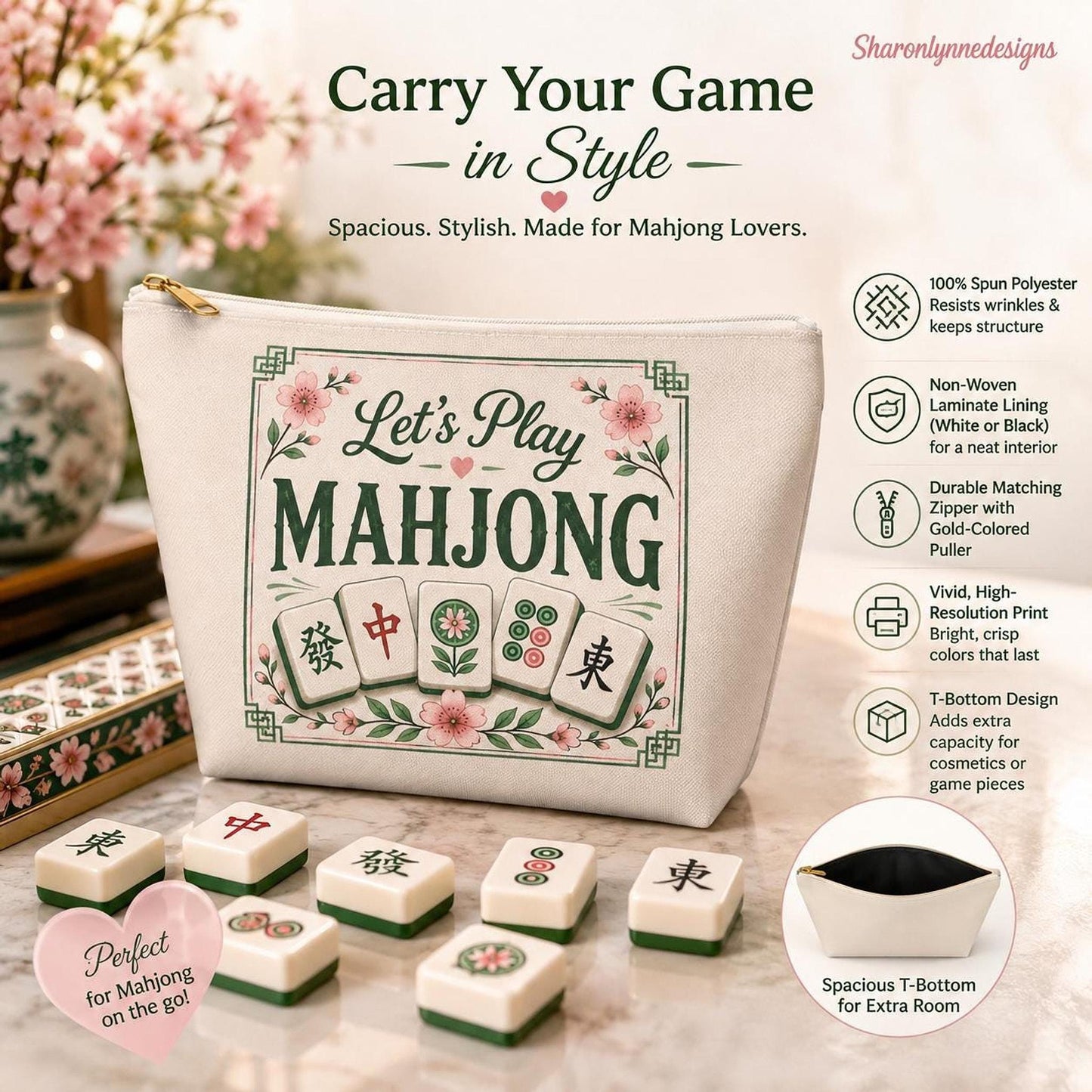 Let's Play Mahjong Accessory Pouch, Vintage Tile Design with T-Bottom and Durable Zipper