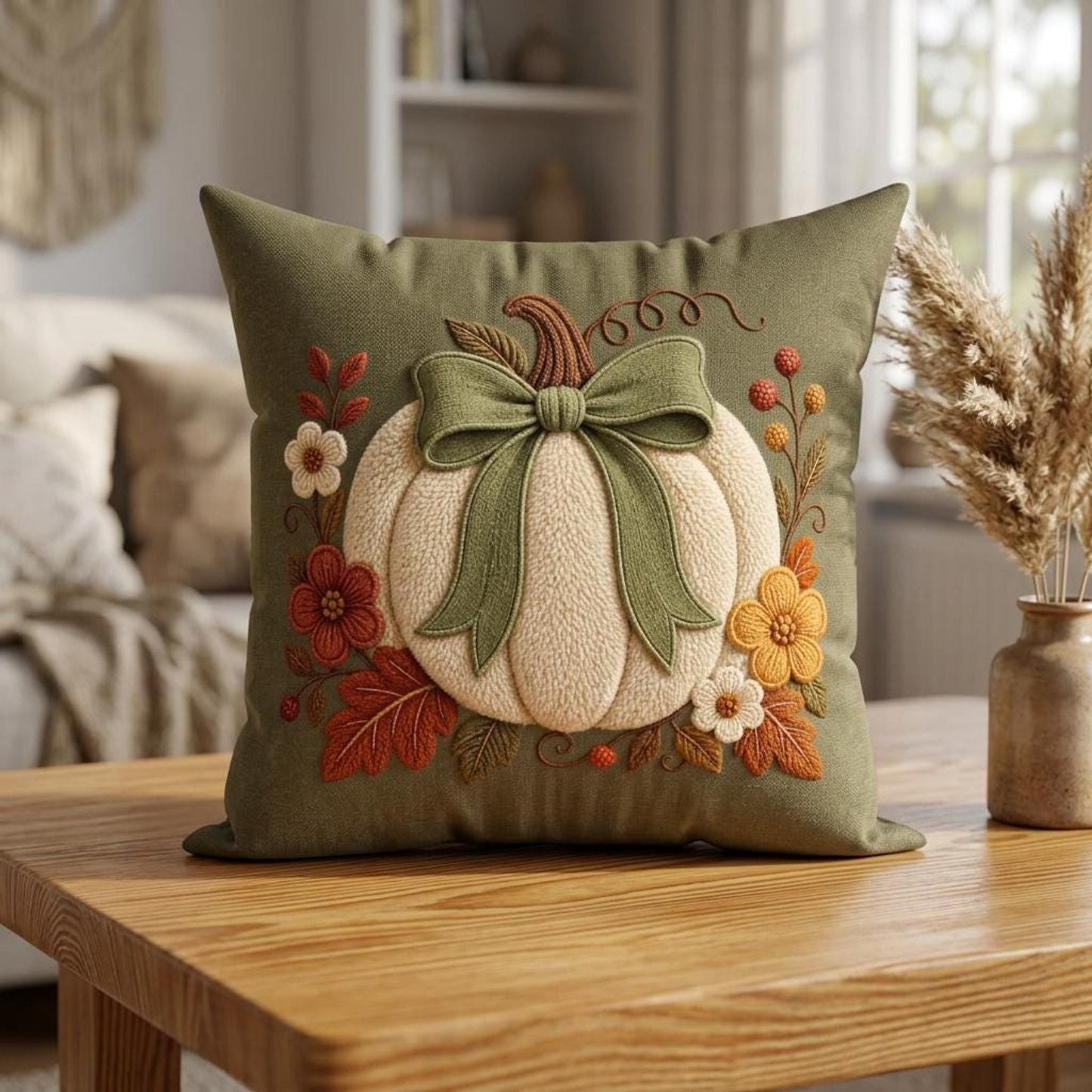 Double Sided Pillow Cover, 100% Faux Suede with Cream Pumpkin and Sage Bow