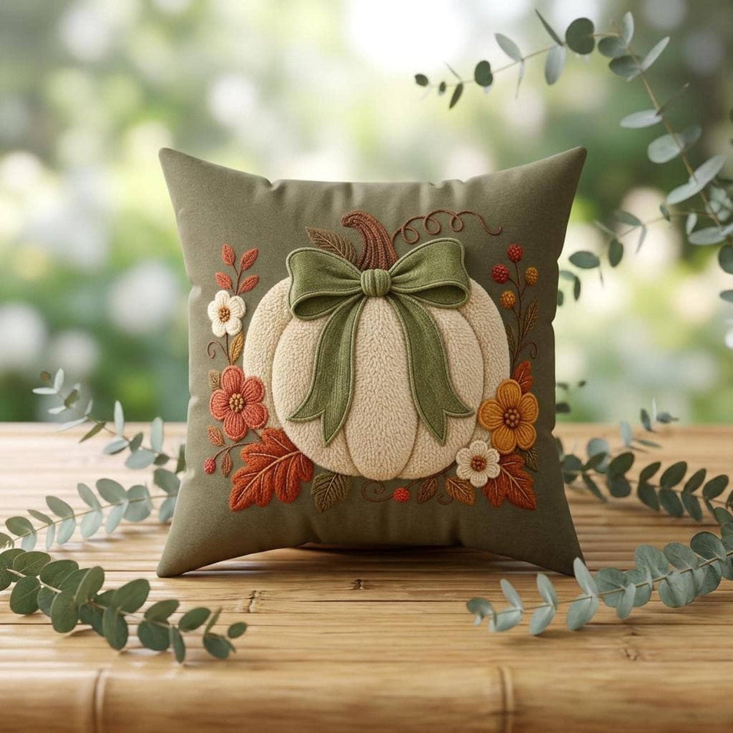 Double Sided Pillow Cover, 100% Faux Suede with Cream Pumpkin and Sage Bow