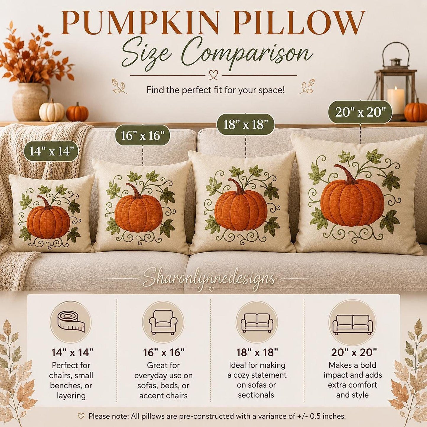 Decorative Farmhouse Pillowcase, 100% Faux Suede Double-Sided Pumpkin Print, Four Sizes