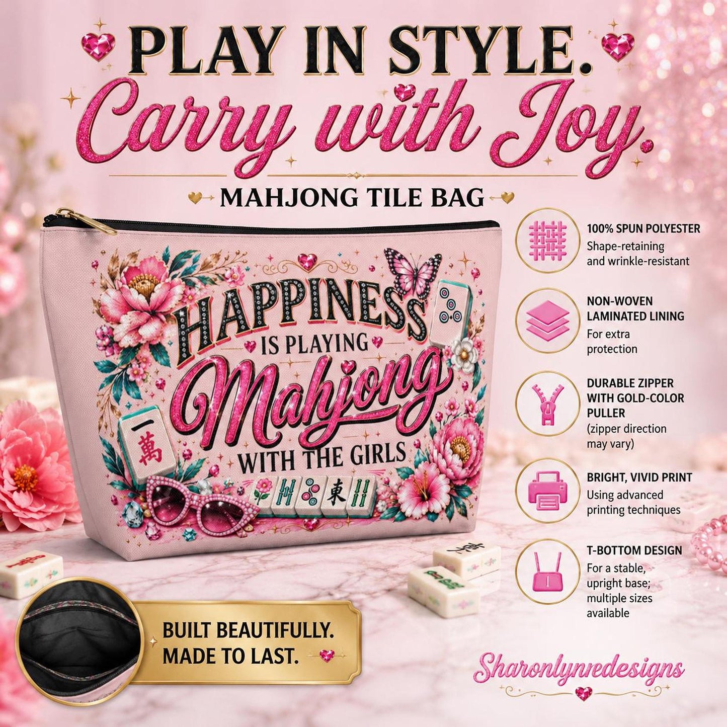 Floral Mahjong Pouch, Pink Accessory Bag with Zipper for Game Nights
