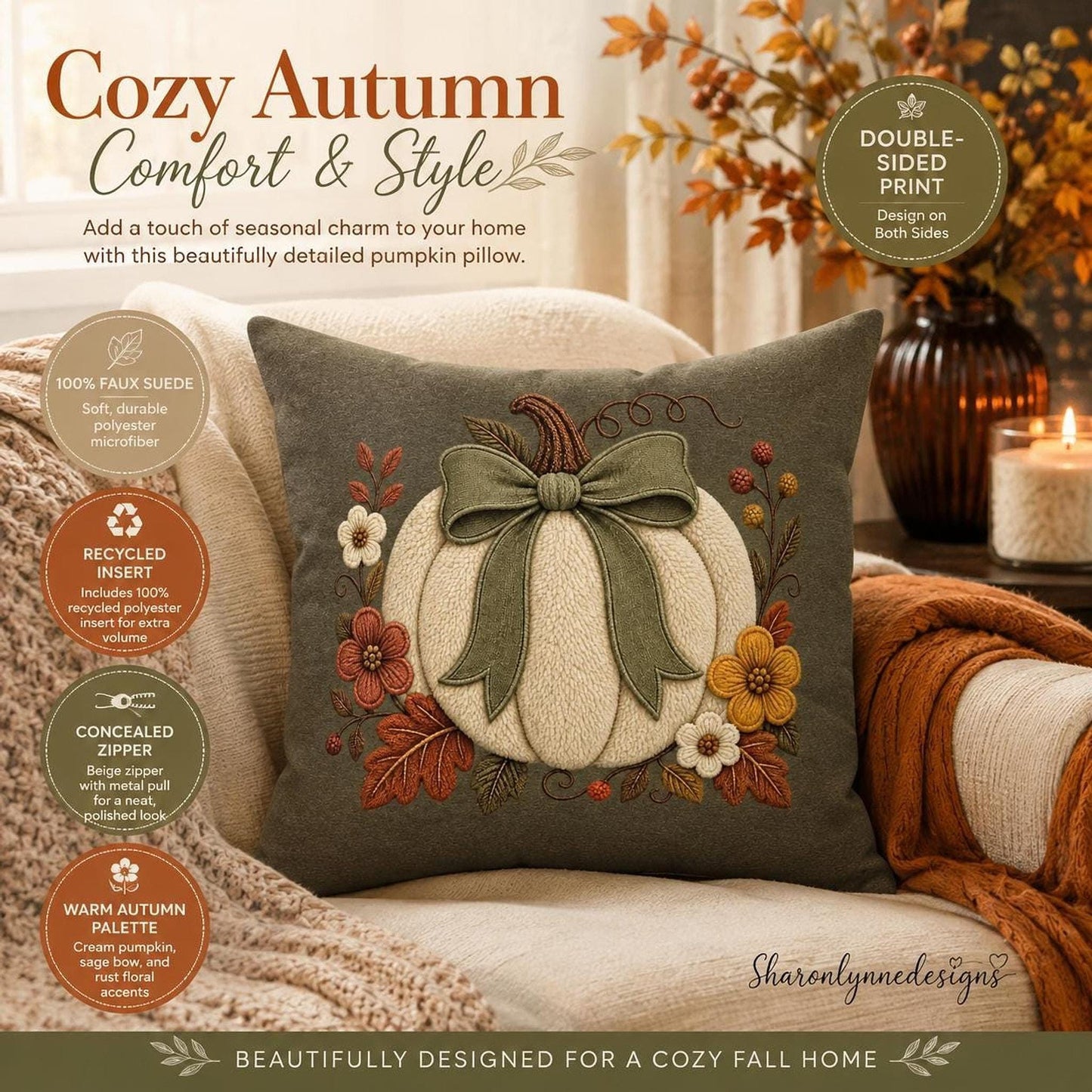 Double Sided Pillow Cover, 100% Faux Suede Cover with Cream Pumpkin and Sage Bow