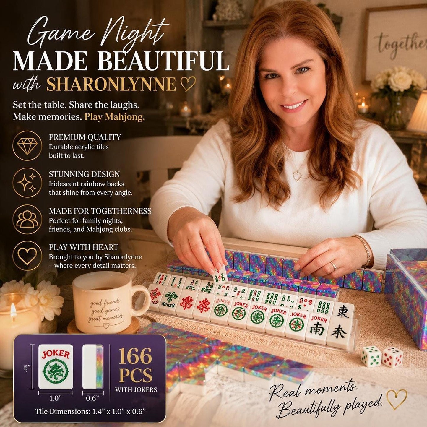 Rainbow Mahjong Set, Holographic American Tiles with Jokers for Game Nights