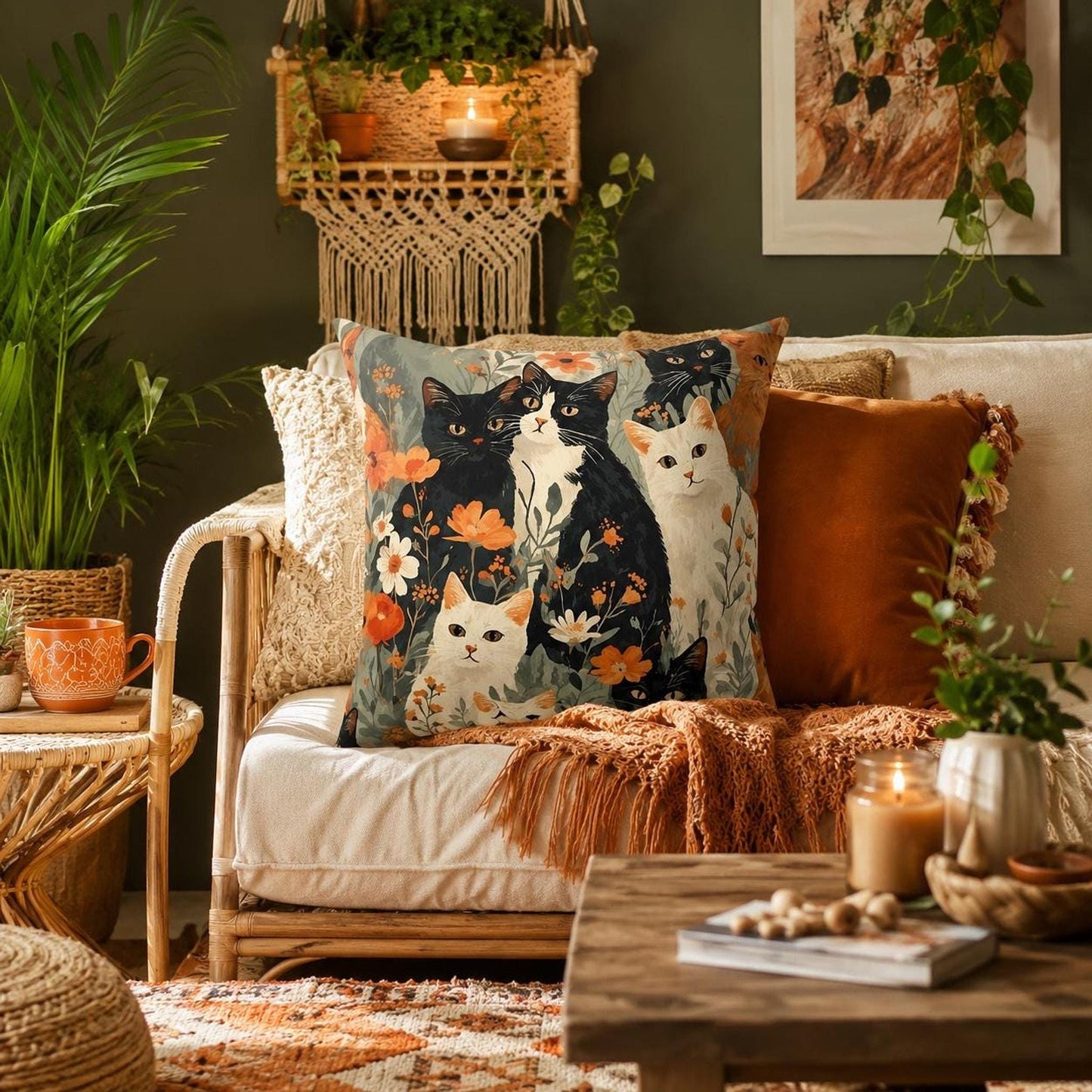 Floral Cat Pillow, Vintage Faux Suede Cushion with Charming Cat Illustration