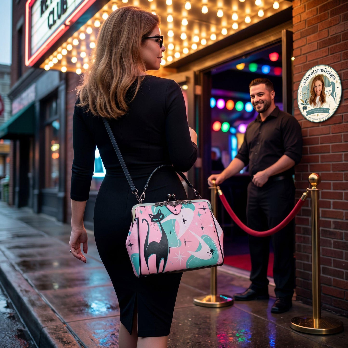 Pink Cat Bag, Retro Kiss Lock Crossbody Purse in Durable Waxed PU Leather