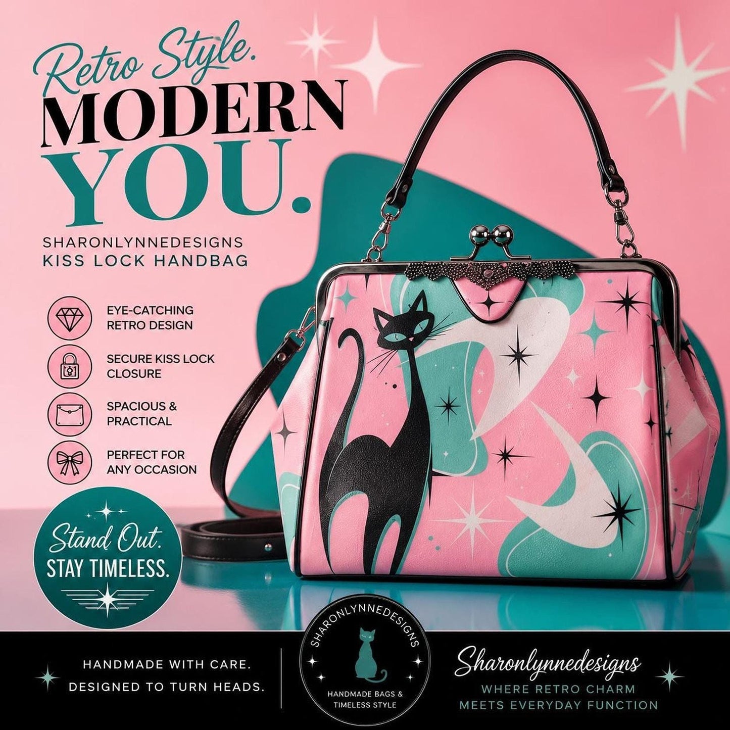 Pink Cat Bag, Retro Kiss Lock Crossbody Purse in Durable Waxed PU Leather