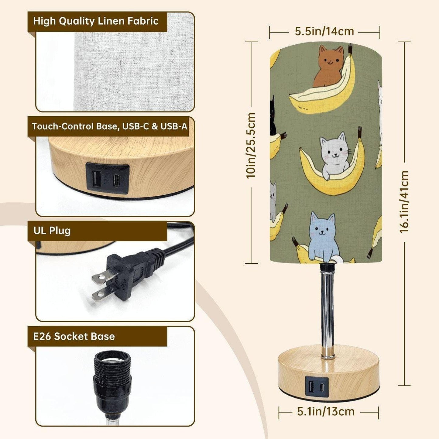 Retro Cat Lamp with Touch Dimming, Whimsical Banana Design and USB Charging