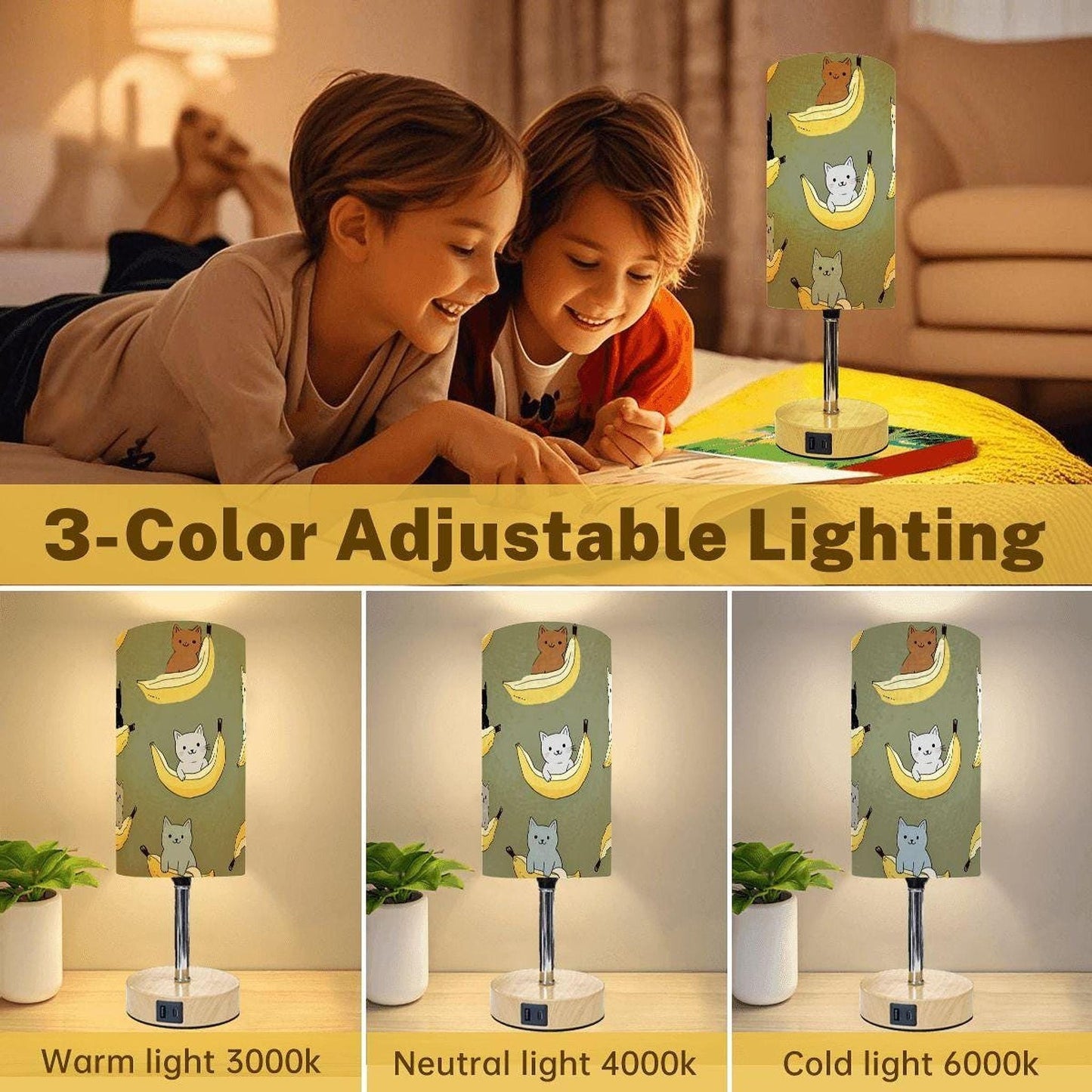 Retro Cat Lamp with Touch Dimming, Whimsical Banana Design and USB Charging