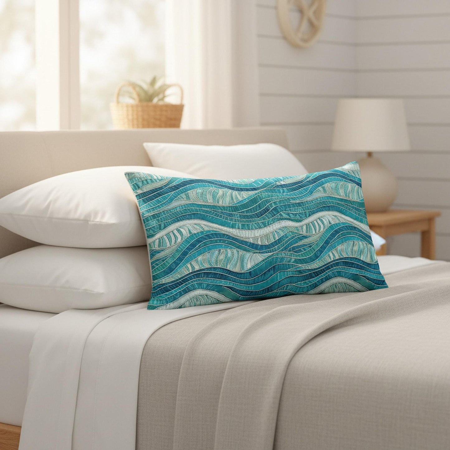 Oceaninspired Wavy Blue Lumbar Pillow, 20 x 14 Inch 100% Polyester Cover, Double-Sided Print