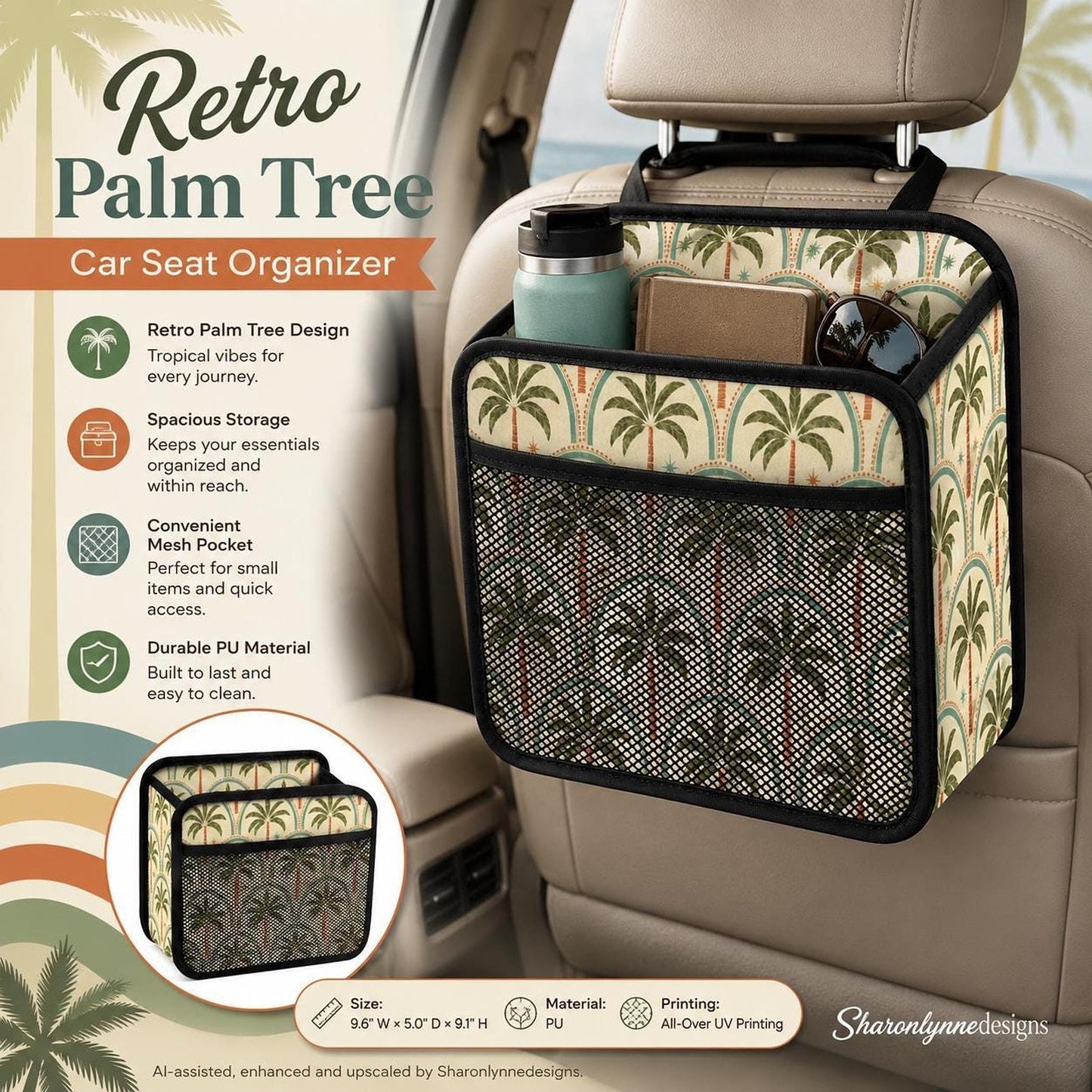 Car Seat Organizer, Retro Palm Tree PU Storage with Mesh Pocket