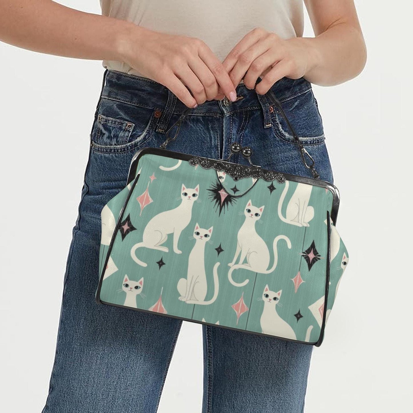 Retro Cat Purse, Vintage Feline Kiss Lock Handbag with Removable Shoulder Strap