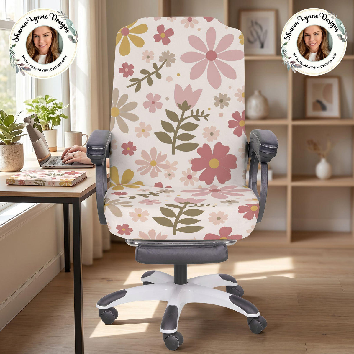 Floral Office Chair Cover: Milk Silk Fabric, Universal Fit, Washable Seat Slipcover