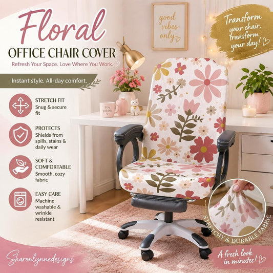 Floral Office Chair Cover: Milk Silk Fabric, Universal Fit, Washable Seat Slipcover