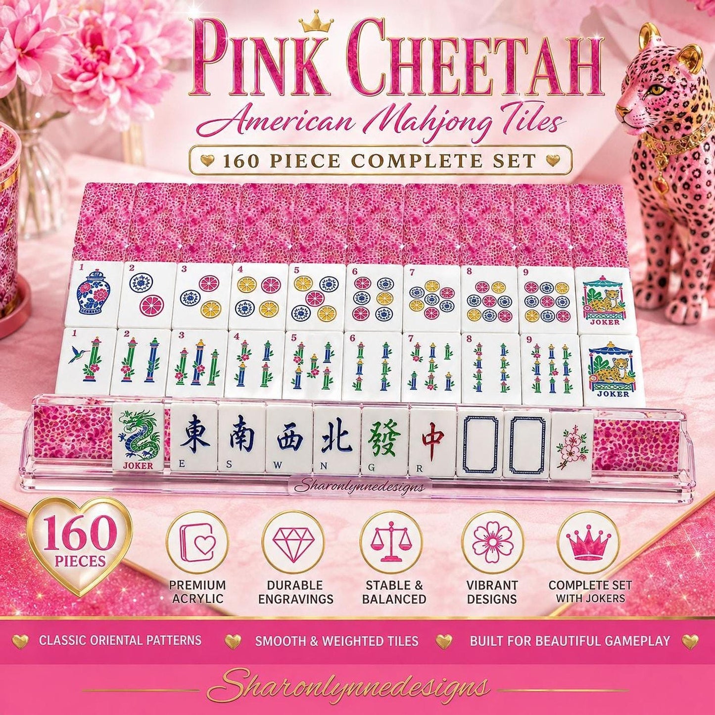 Acrylic Mahjong Set, Pink Cheetah Design with 160 Tiles and Jokers