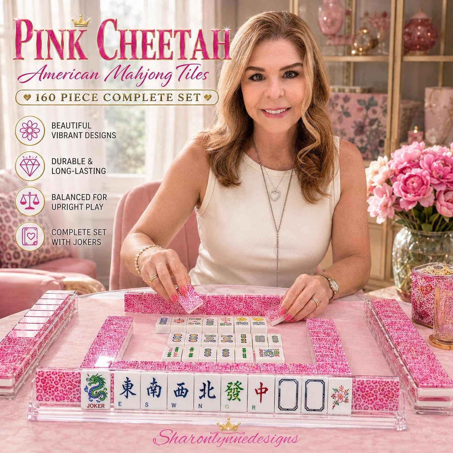 Acrylic Mahjong Set, Pink Cheetah Design with 160 Tiles and Jokers
