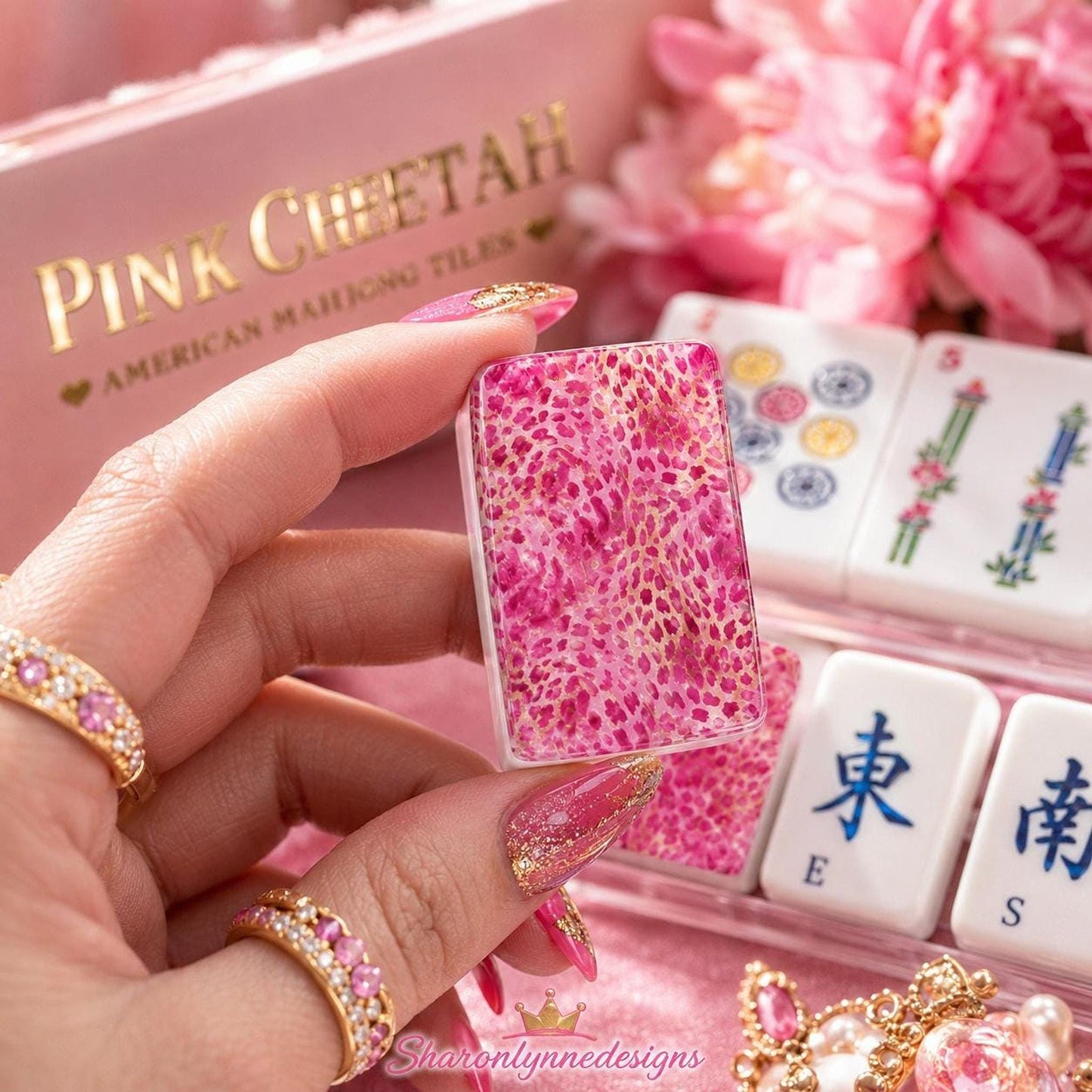 Acrylic Mahjong Set, Pink Cheetah Design with 160 Tiles and Jokers
