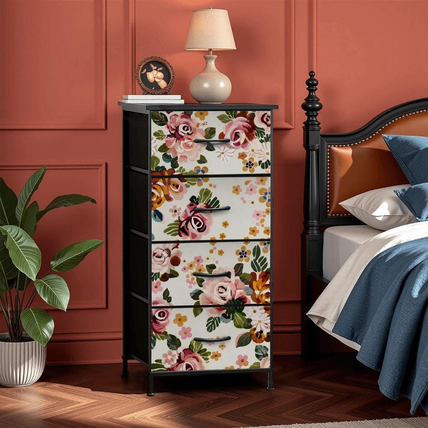 Flower 4 Drawer Dresser, Floral Furniture with Faux-Leather Cover, Bedroom Storage