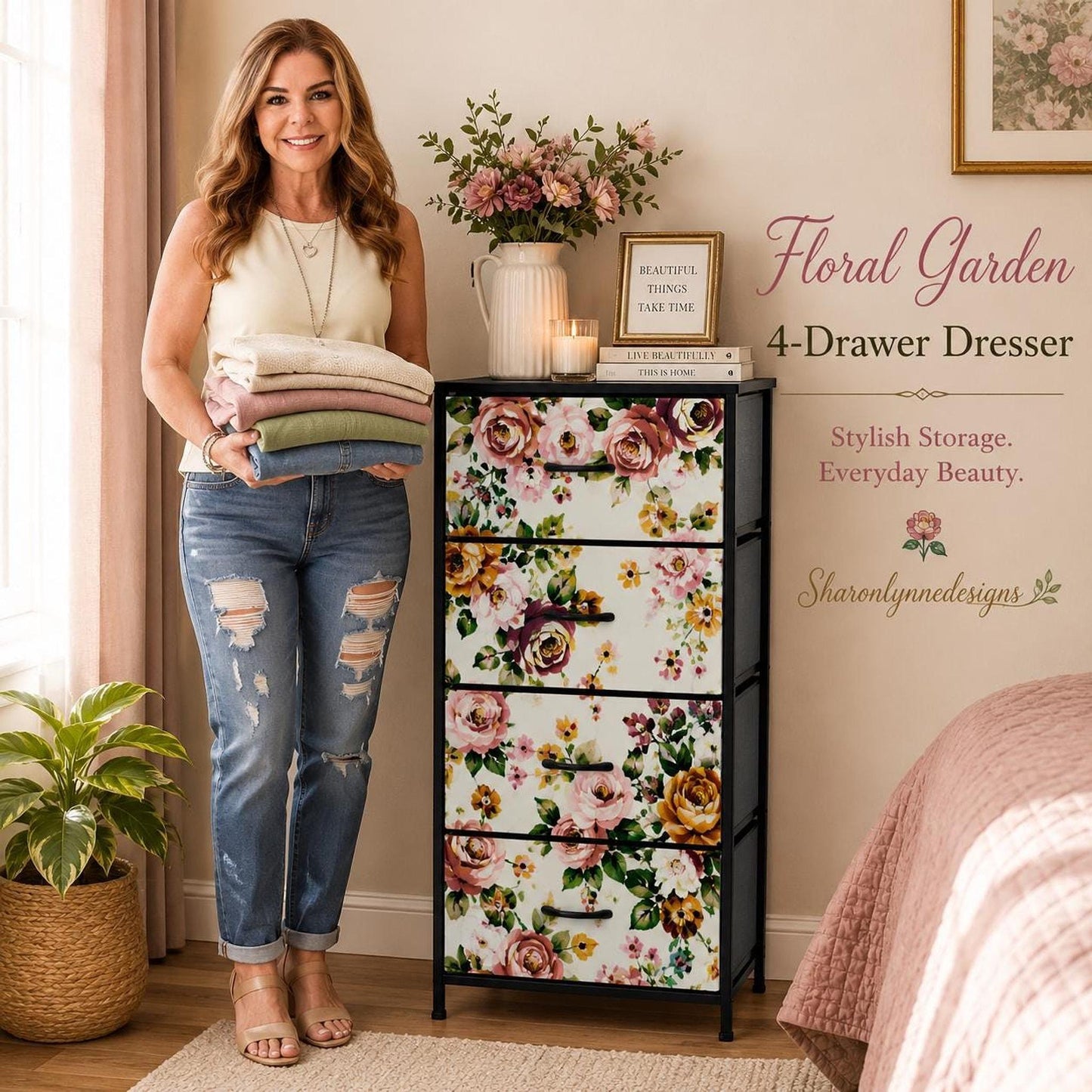 Flower 4 Drawer Dresser, Floral Furniture with Faux-Leather Cover, Bedroom Storage