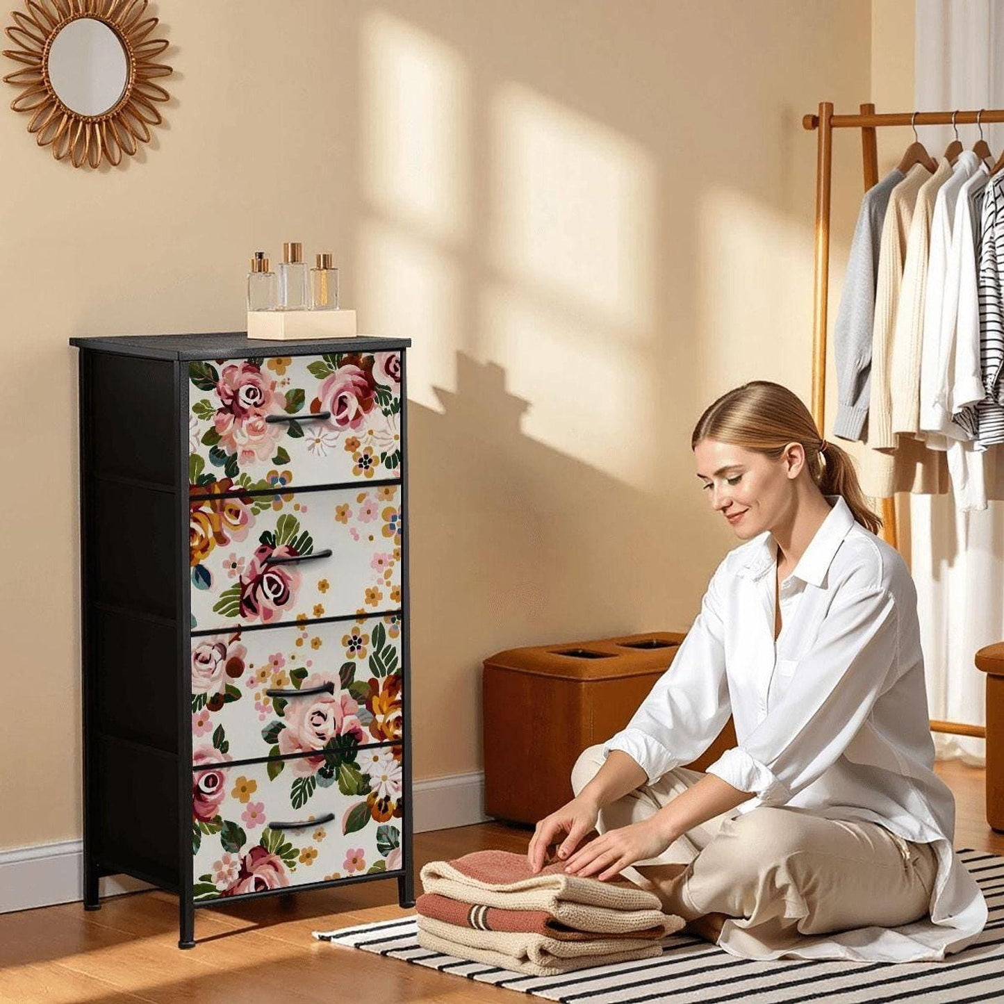 Flower 4 Drawer Dresser, Floral Furniture with Faux-Leather Cover, Bedroom Storage