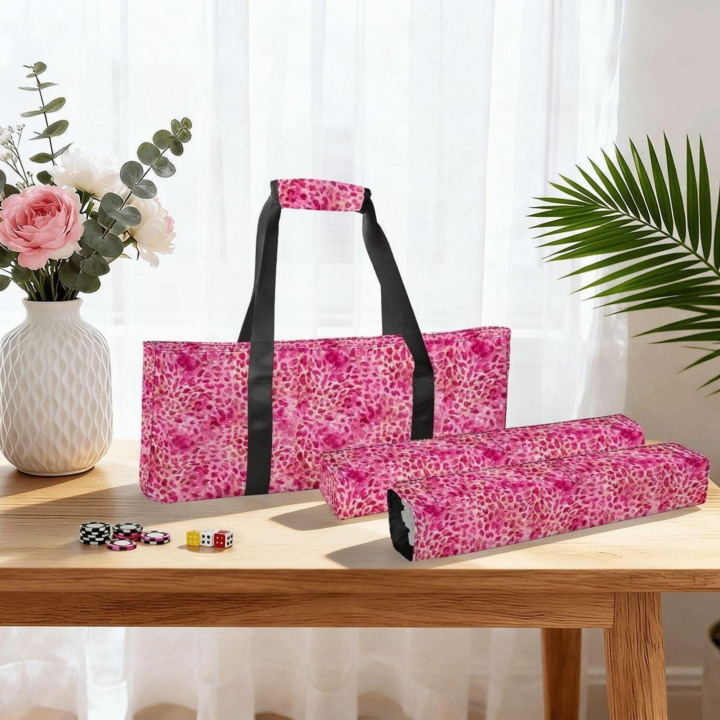 Mahjong Bag Set, Pink Cheetah Canvas 3-Piece Travel Storage Organizer