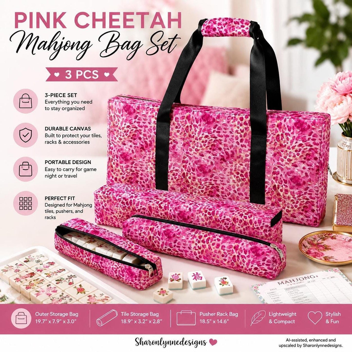 Mahjong Bag Set, Pink Cheetah Canvas 3-Piece Travel Storage Organizer